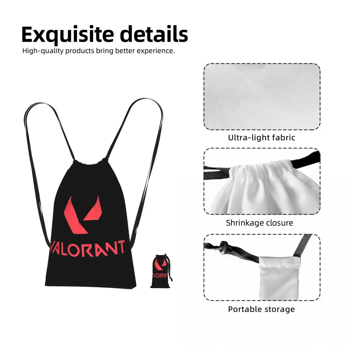 V-Valorant Riot Games Shooting Drawstring Backpack hiking cycling Bag Lightweight Foldable Storage Drawstring Bag for Men Women