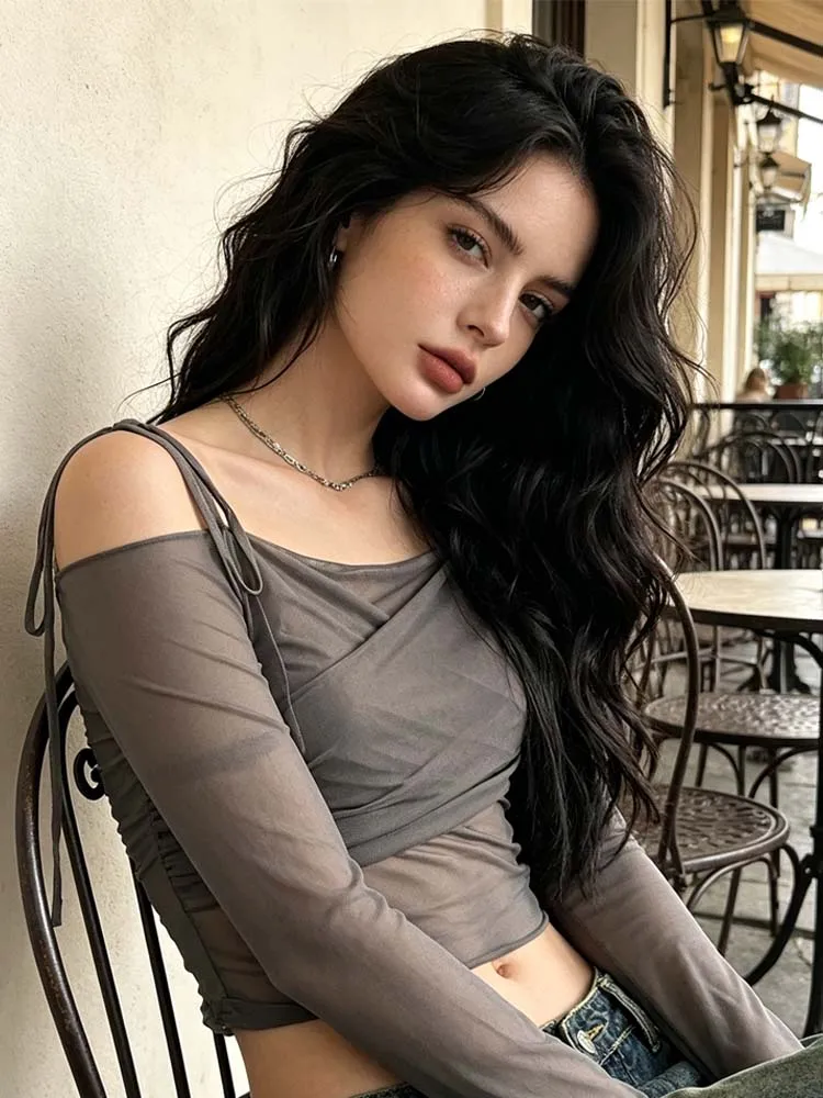 Korean Hot Girl One Shoulder Mesh Long Sleeve Top Cross Twisted Fold Strap Off Shoulder Short Off Waist T-shirt
