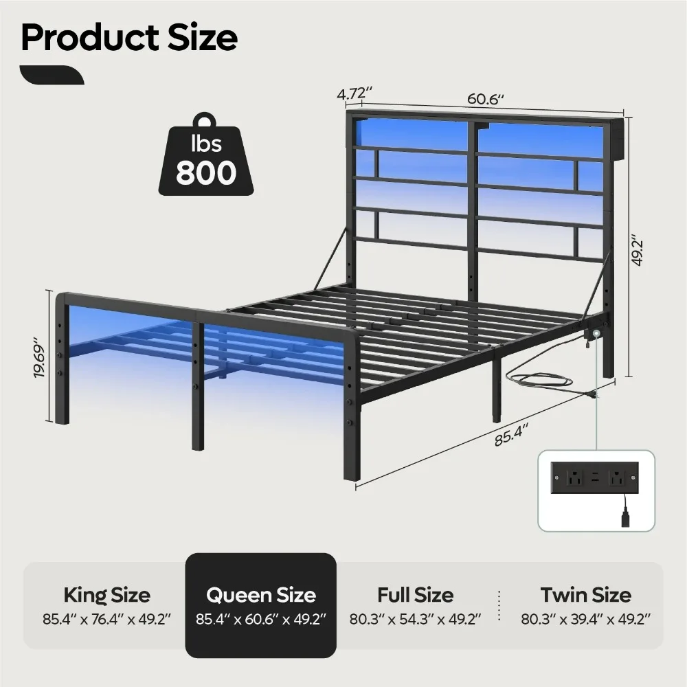 Queen Size Metal Platform Bed Frame with LED Headboard & Charging Station, Adjustable Under Bed Storage, RGB Light Strips, Beds image 5