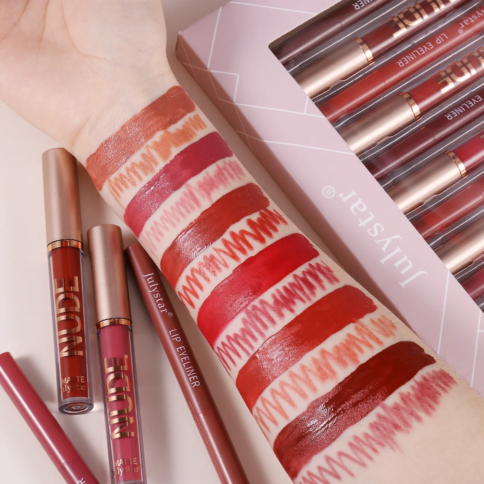 ลิปสติกแบบปากกาไม่ติดแก้ว กันน้ำ ติดทนนาน เนื้อแมทท์ ลิปกลอส ลิปไลเนอร์ 6 สี + ลิปไลเนอร์ 6 สี