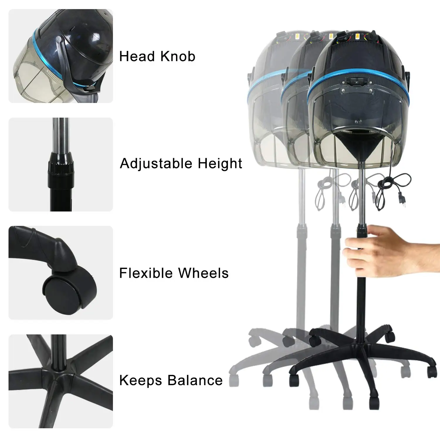 Adjustable Hooded Floor Hair Bonnet Dryer, Stand Up Rolling Base with Wheels for Beauty Spa, Home Salon Equipment, 1300W