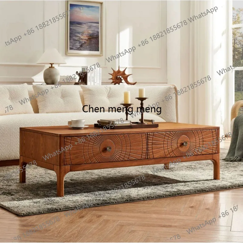 Medieval style, solid wood coffee table, simple modern living room, small apartment storage, retro two drawers