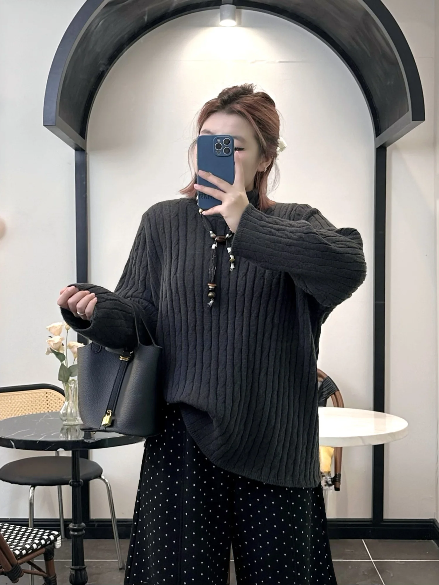 

Ladies plus Size Knitted High Collar Lazy Style Base Shirt Versatile Long Sleeve Commute Fashion Autumn Winter Polka Dot Pattern