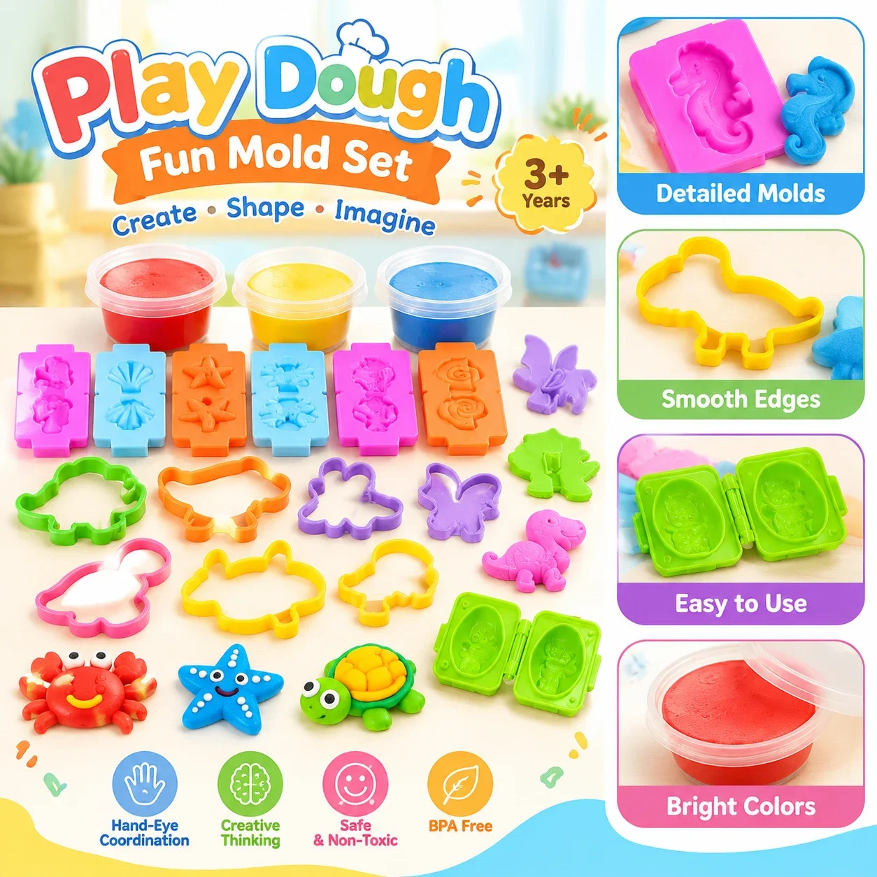 Kids Play Dough Accessories Set Play Dough Tools with Various Plastic Molds Rolling Pins Cutters Modeling Clay Toys for Girl Boy