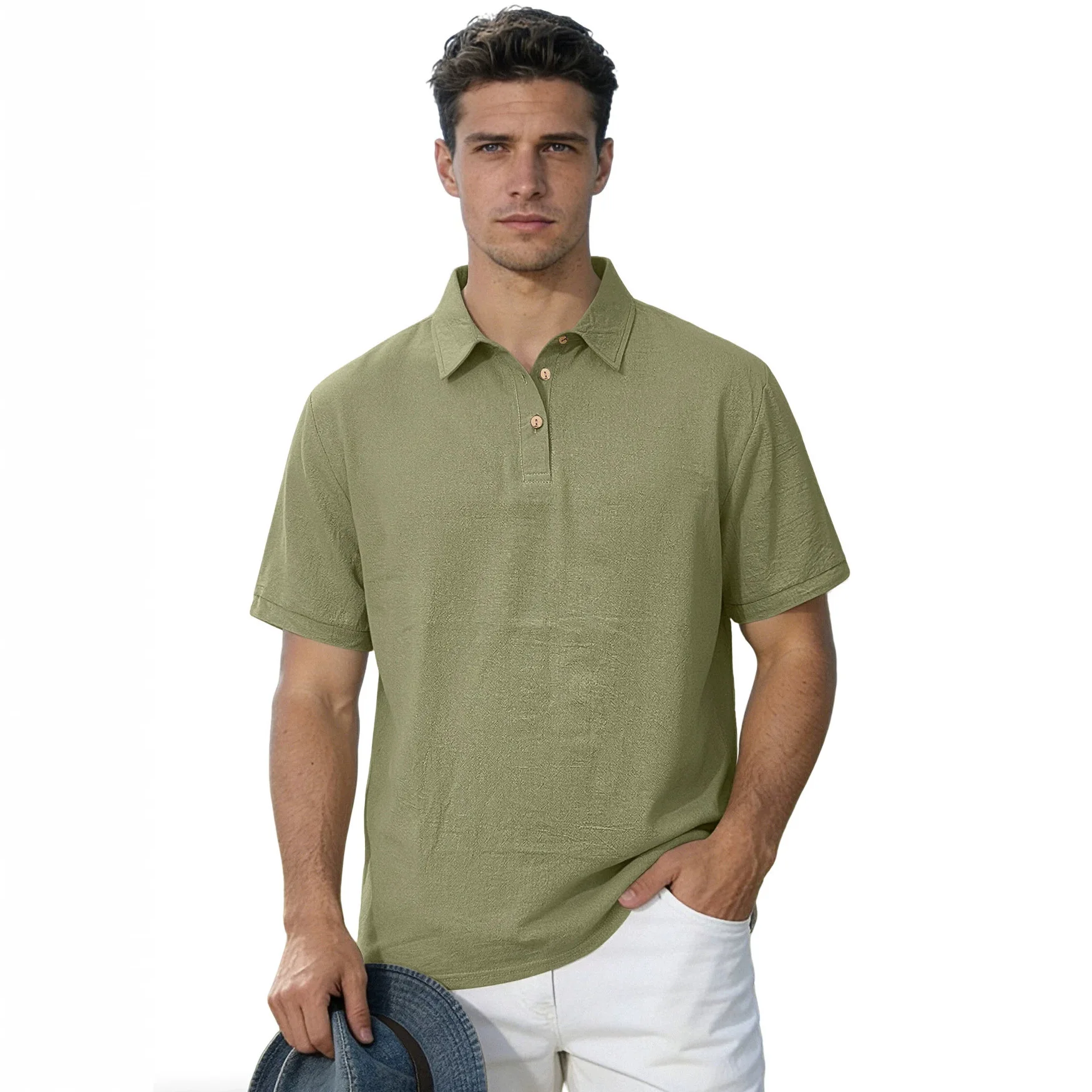 Men's Linen‑Look Wrinkle Polo Shirt Short Sleeve Turn‑Down Collar Button Placket Casual Summer Tops