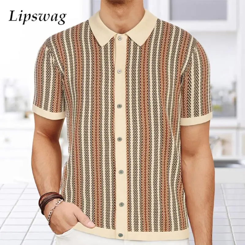 Vintage Striped Crochet Knitted Shirts Mens Spring Summer Casual Short Sleeve Buttoned Lapel Knit Tops For Men Trendy Cardigans