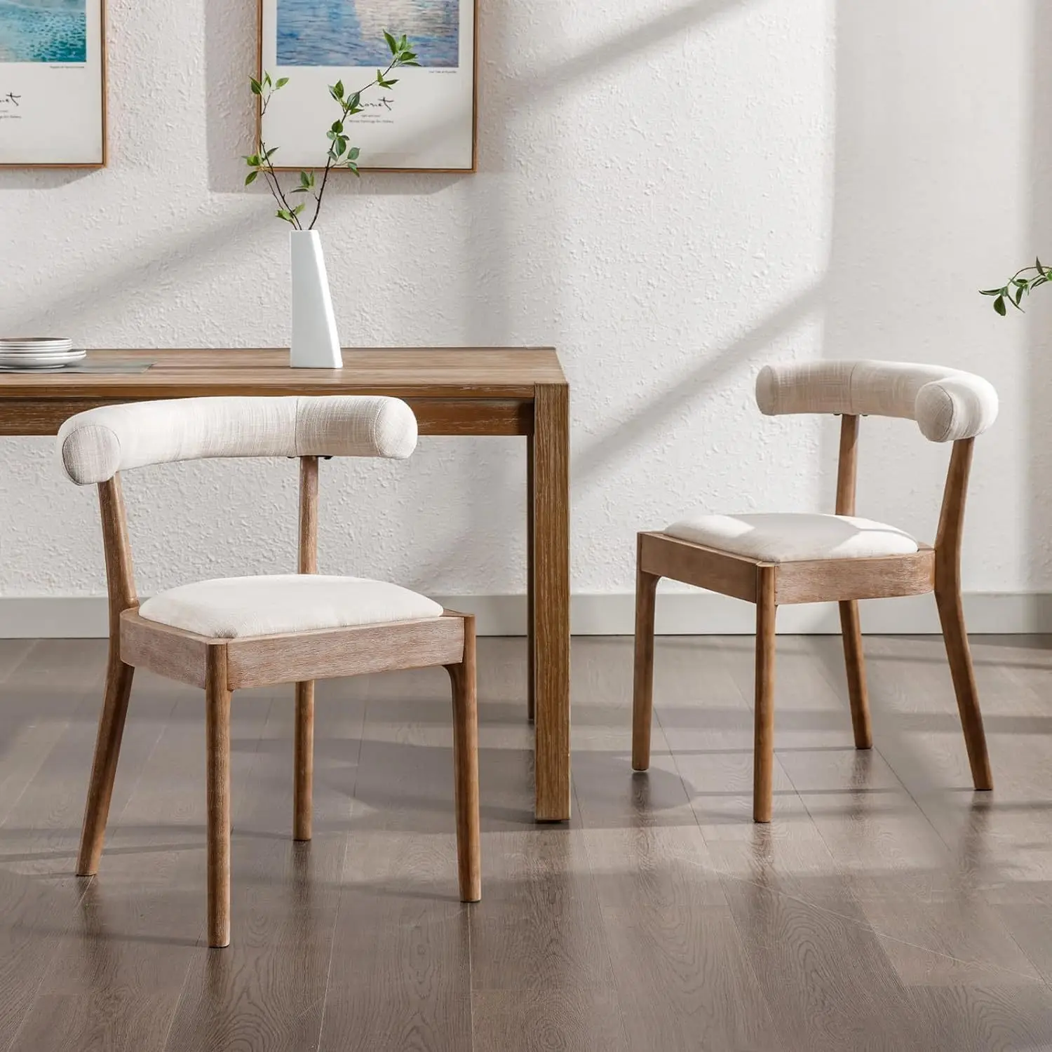 2pcs Vintage Linen Fabric Wooden Side Chairs, Curved Backless Farmhouse Kitchen Chairs with Soft Cushions, Suitable for Indoor