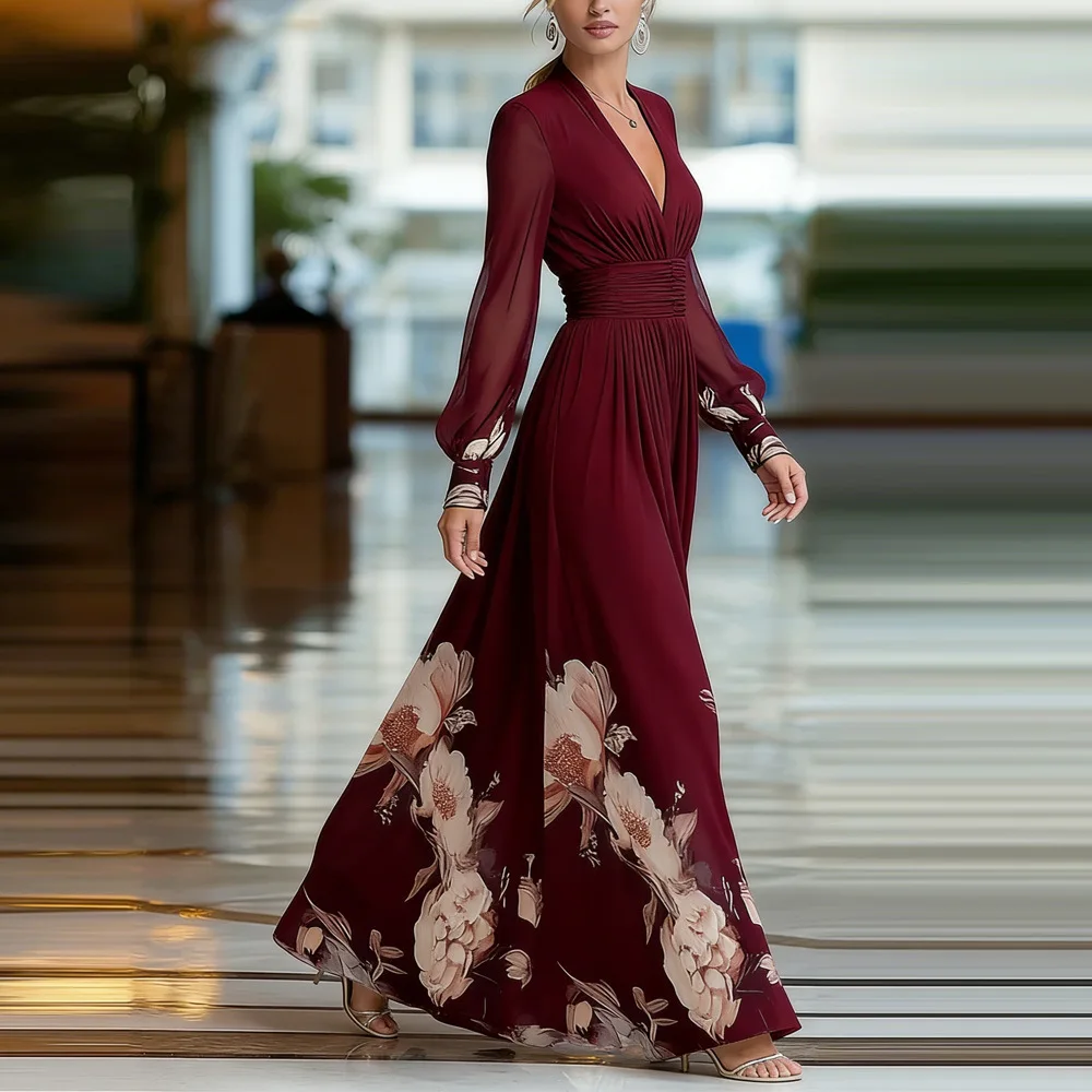 Women's French Floral‑Print Maxi Dress Deep‑V‑Neck Long‑Sleeve Mesh‑Splice Ruched‑Waist Flowy A‑Line Elegant Formal Party Dress