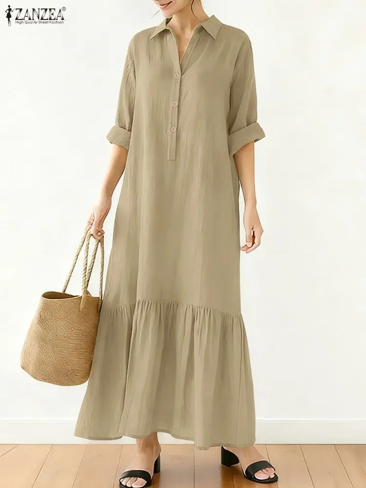 ZANZEA 2025 Autumn Casual Lapel Neck Long Sleeve Dresses Women Fashion Shirt Dress Solid Buttons Midi Robe Elegant Work Sundress