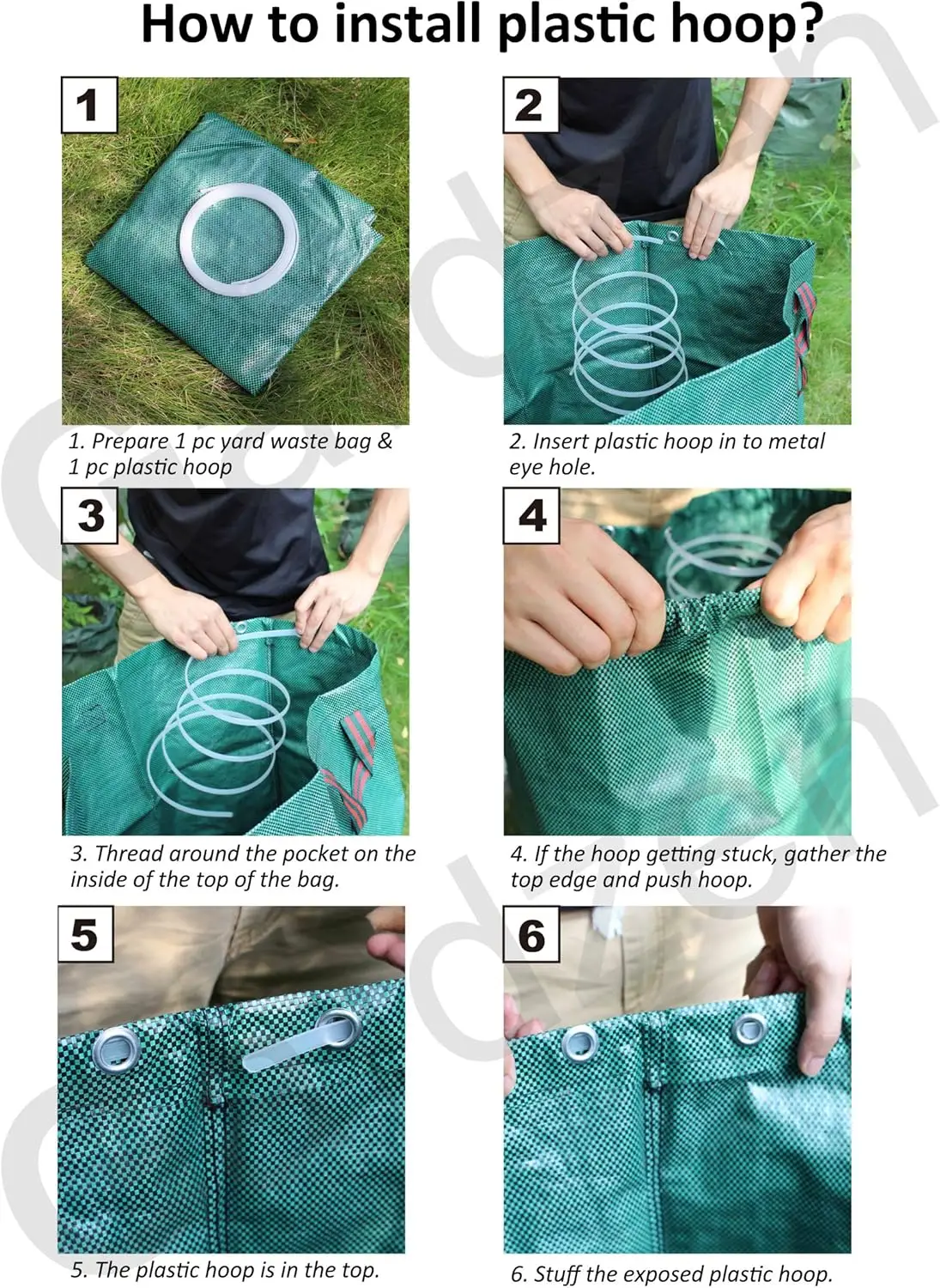 Sacos de resíduos de quintal de 72 galões de 6 pacotes, sacos de folhas de jardim dobráveis resistentes reutilizáveis com anel de plástico, resíduos de quintal de pé