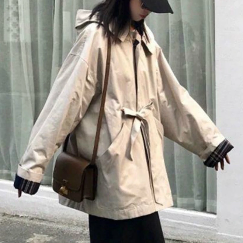 

Trench Women Hooded Plaid Adjustable Waist PopularLoose Trendy Harajuku Casual Safari Style Streetwear Womens Coats Ulzzang