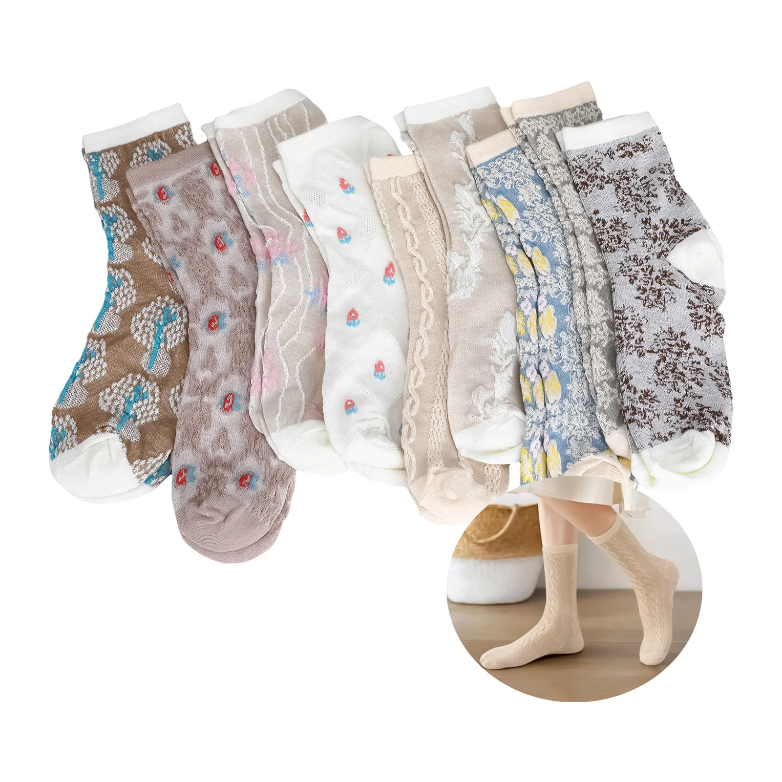 Winter Fashion Calf Socks Floral Embossed Mid-Calf Hosiery Retro Style Warm Cotton Knit Stockings for Women and Girls