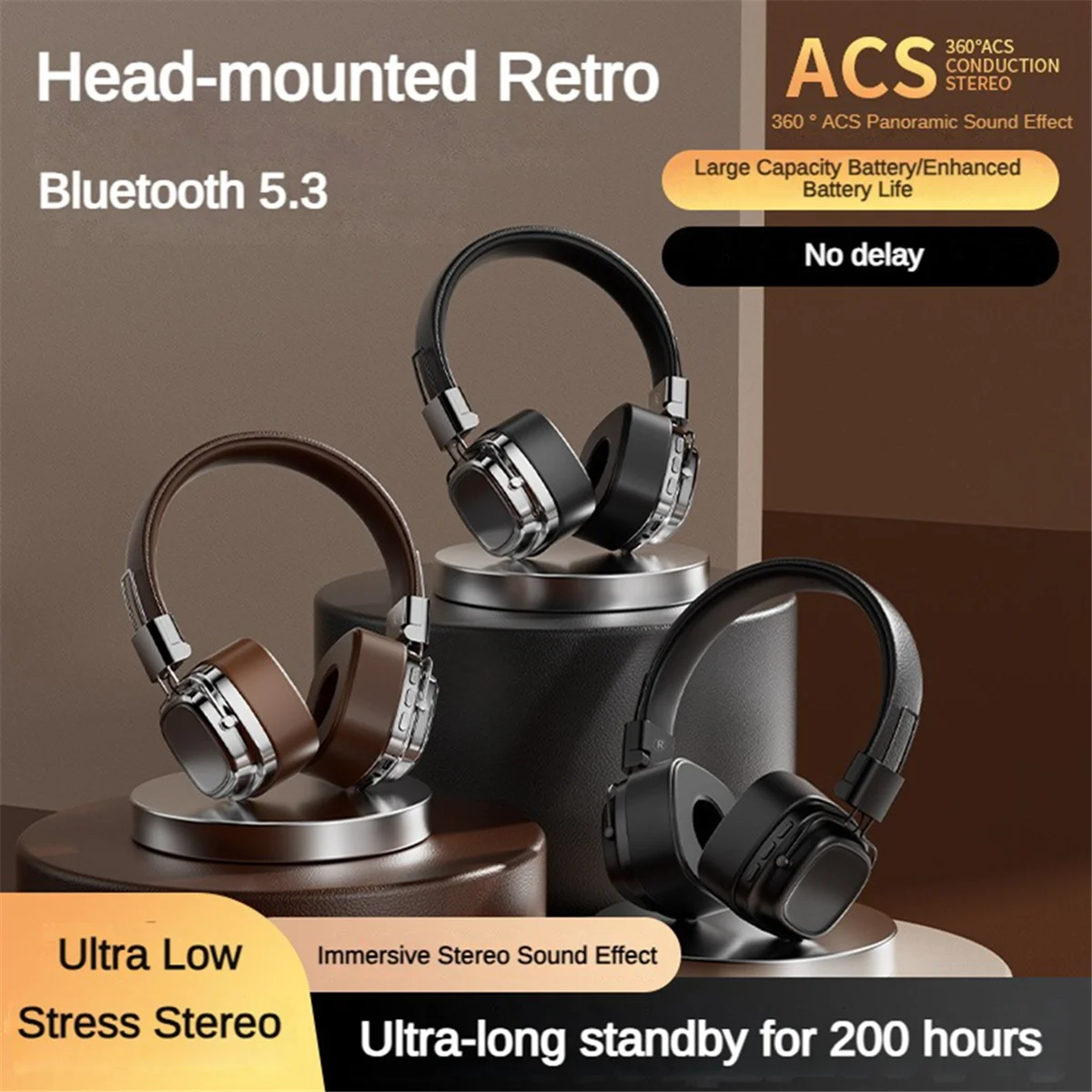 Retro Classic over Ear Headsets Studio Stereo Bluetooth5.3 Wireless Headphones Touch Control Type C