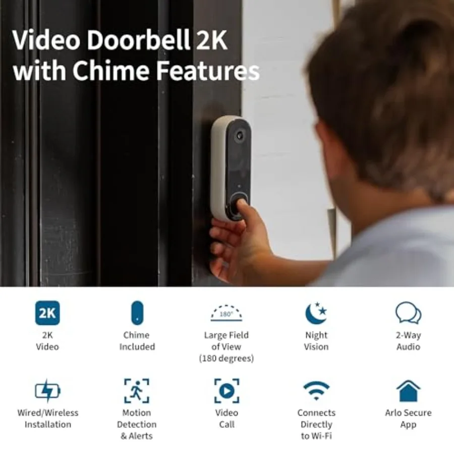 Video Doorbell 2K + Chime 2 2nd Gen:Outdoor wireless/wired doorbell with 2K resolution, black aluminum housing, enhanced night
