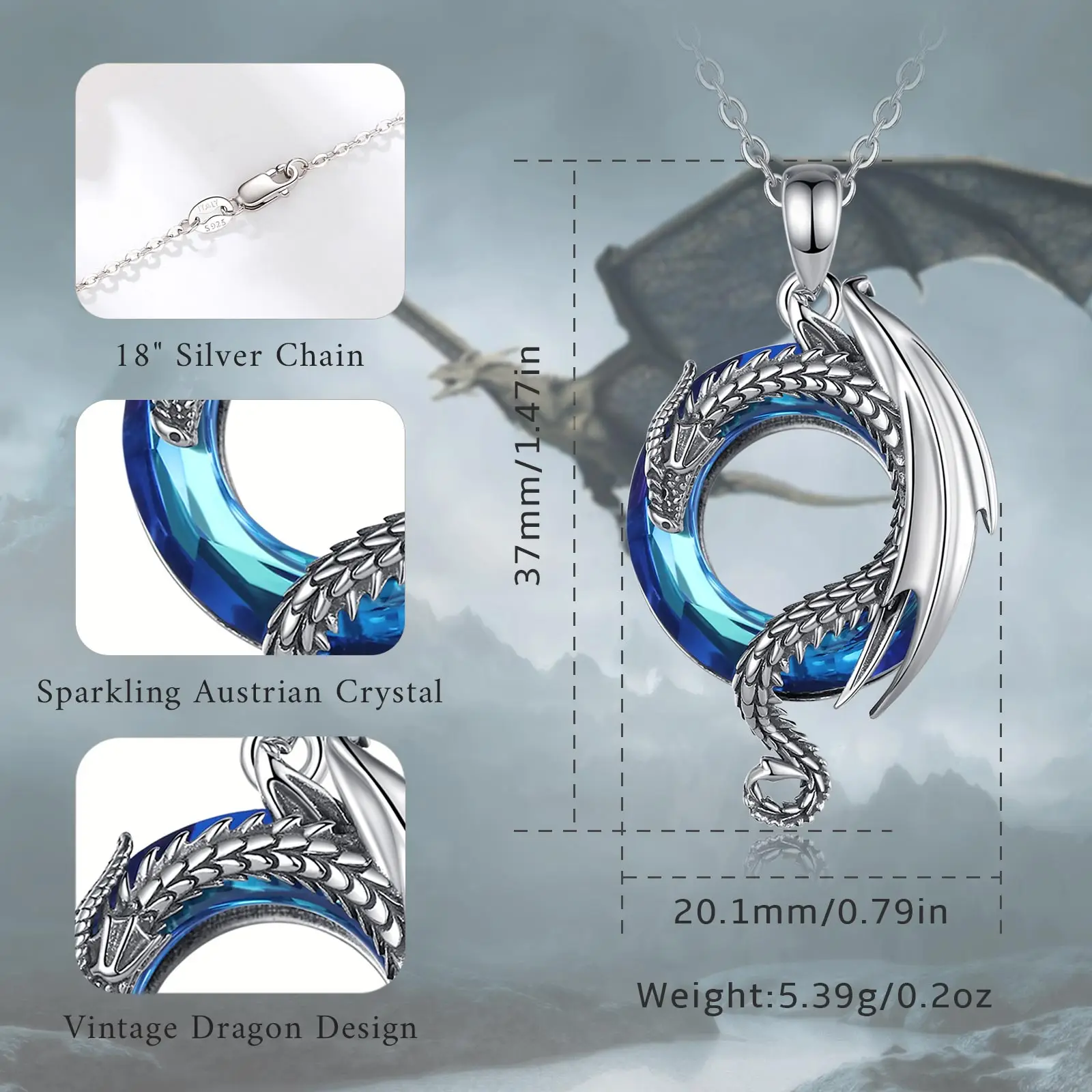 Eudora-Real 925 Sterling Silver Dragon Colares para Mulheres, Jóias de Luxo, Cristal Austríaco, Pingentes Dragão Legal, Colares na Moda