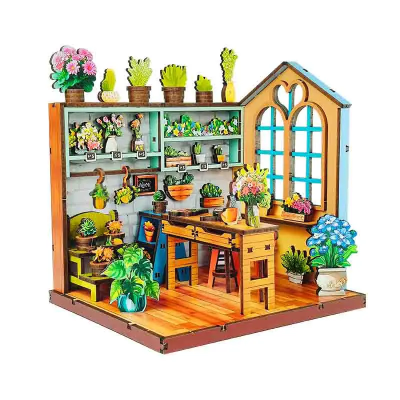 Kits de construction miniatures en bois, bricolage, magasin de fleurs, maisons de poupées avec meubles, maisons de poupées pour amis, cadeaux d'anniversaire