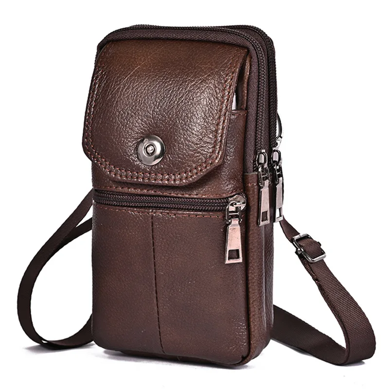 Bolso de mensajero de cuero de vaca para hombre, Cartera de bolsillo para teléfono móvil, pequeño bolso de cintura de viaje para hombre, bolso de