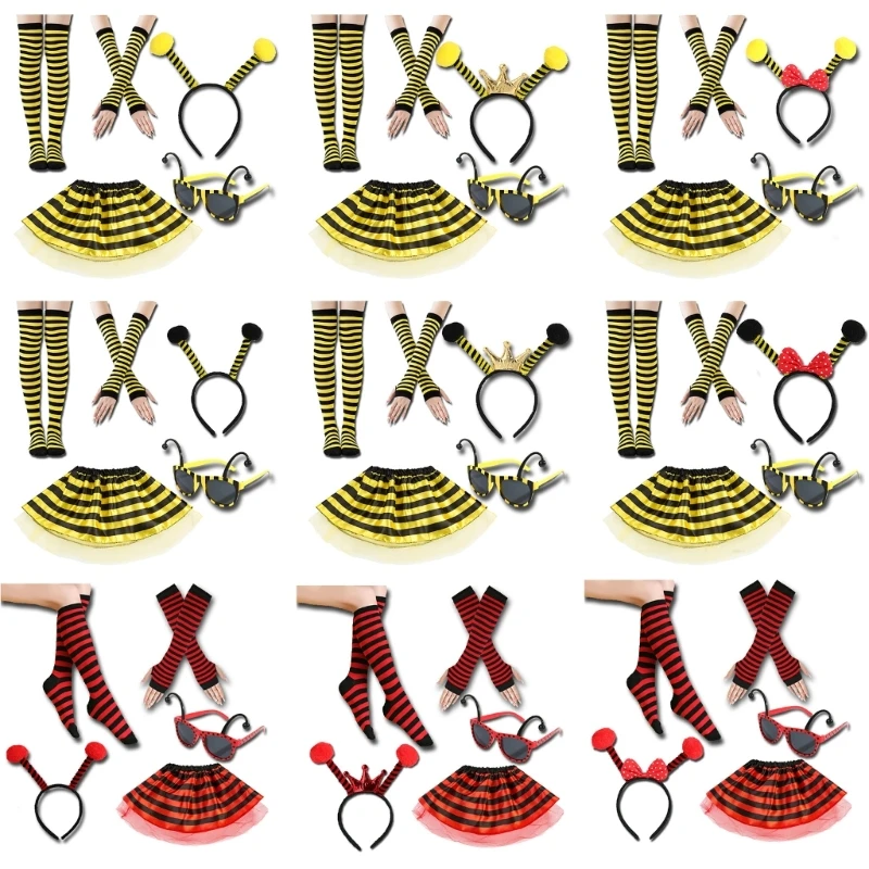 39BD 5Pieces Bees Costume Kits Adult Honeybee Costume Bees Tentacle Headband Tutus Skirt Bees Glasses for Halloween Cosplay