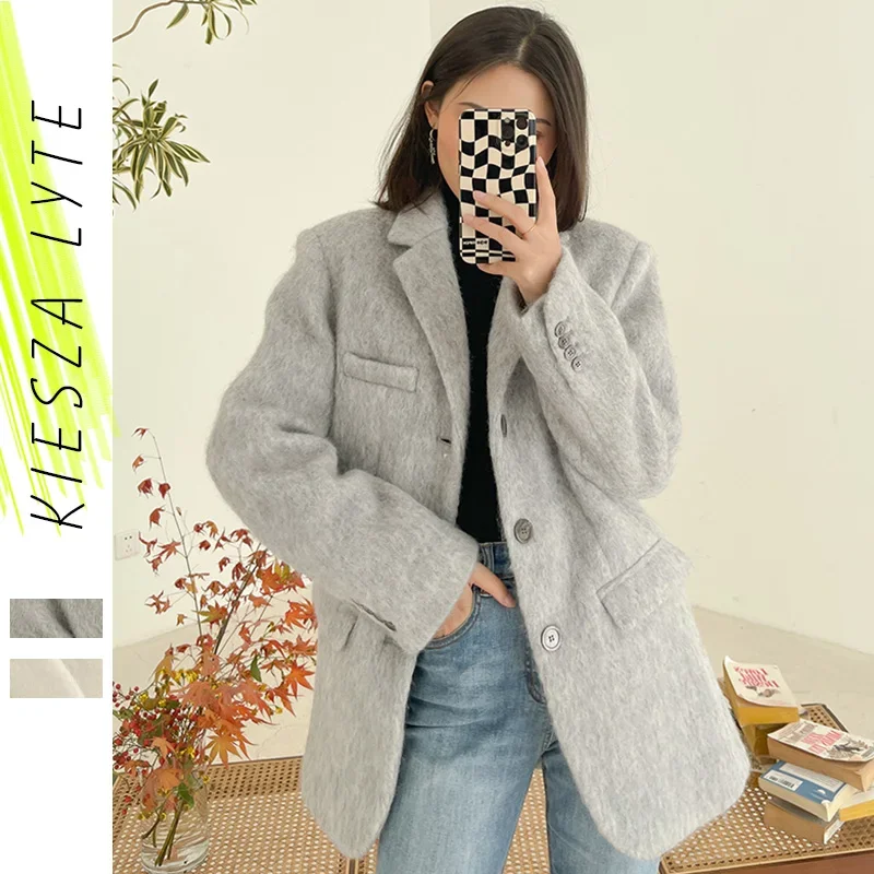 New White Grey Woolen Suiting Coat For Winter 2023 Warm Women\'s Casual Woolen Overcoat Jackets