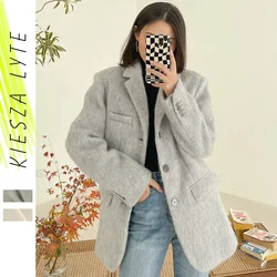 New White Grey Woolen Suiting Coat For Winter 2023 Warm Women's Casual Woolen Overcoat Jackets