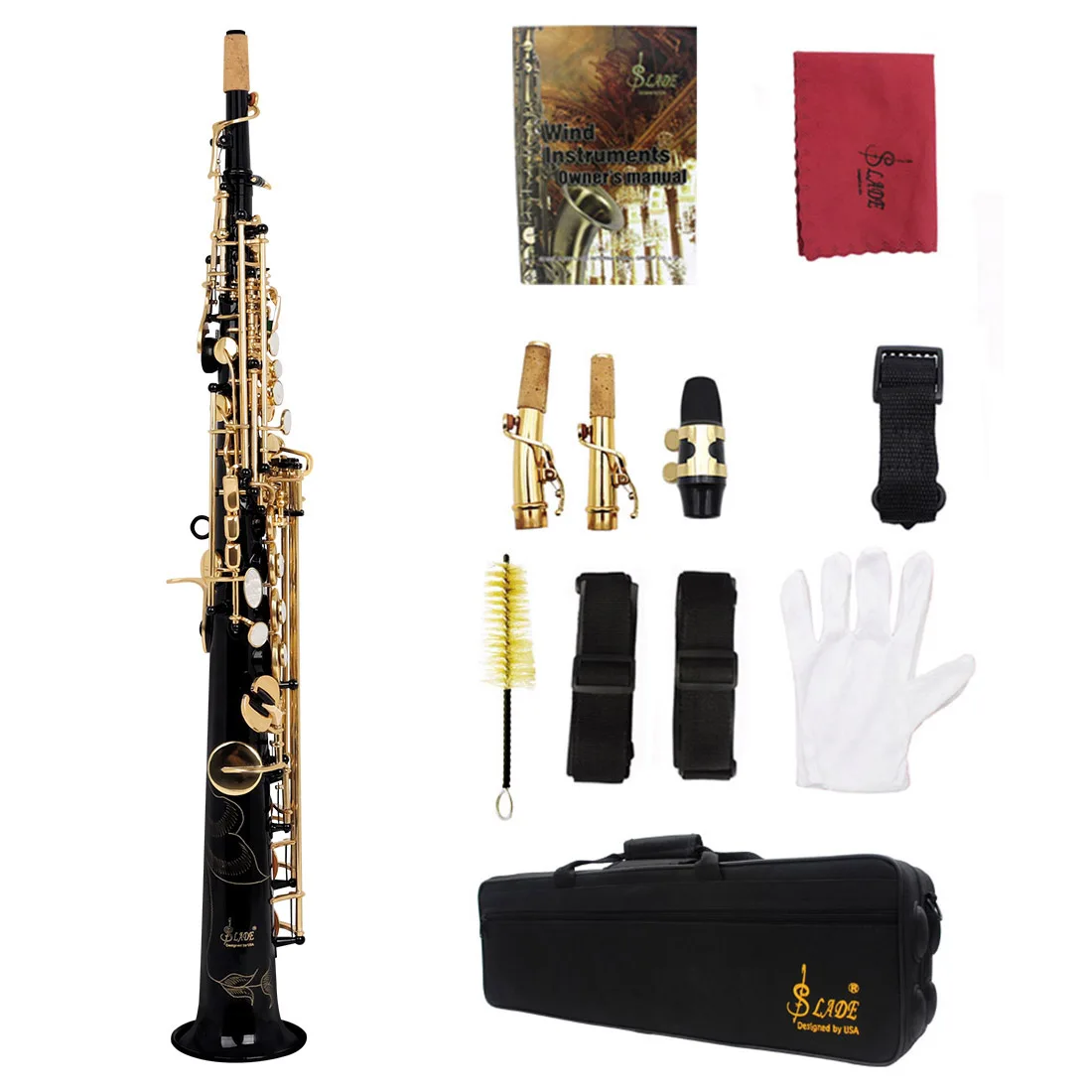 Black Straight Soprano Saxophone Sax Professional Instrument Gold Key Soprano Saxophone