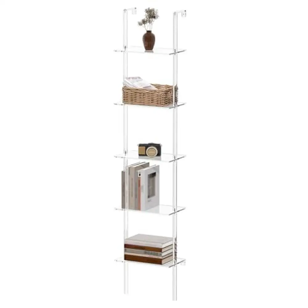 Acrylic Wall Mounted 5-Tier Bookshelf Small Spaces Clear Modern Design Easy Install Office Living Bedroom 9.5