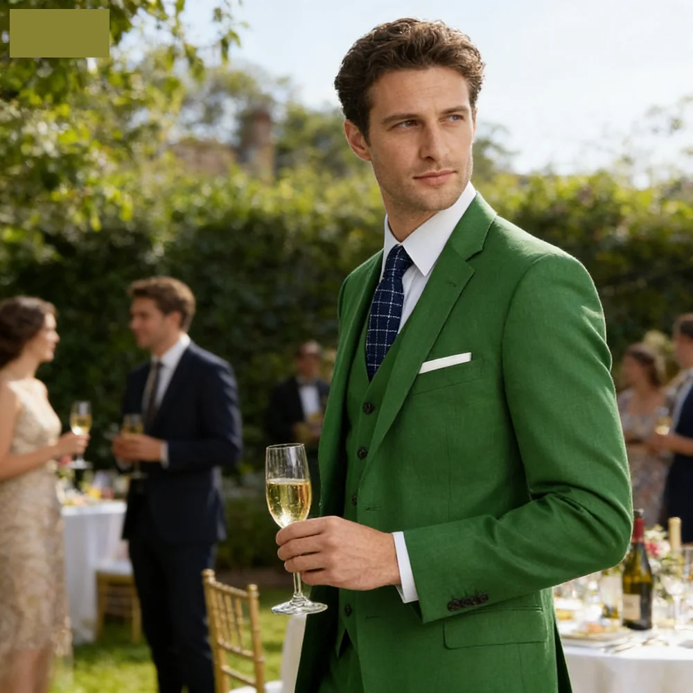 

Элегантный зеленый свадебный костюм-тройка для мужчин: пиджак с вырезами, брюки, жилет. Идеально подходит для делового стиля.