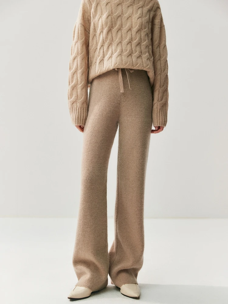 CHICUU Women's Cashmere Straight Wide Leg Pants Autumn Winter Thick Warm 100% Cashmere Knitted Trousers Casual Simple Long Pants