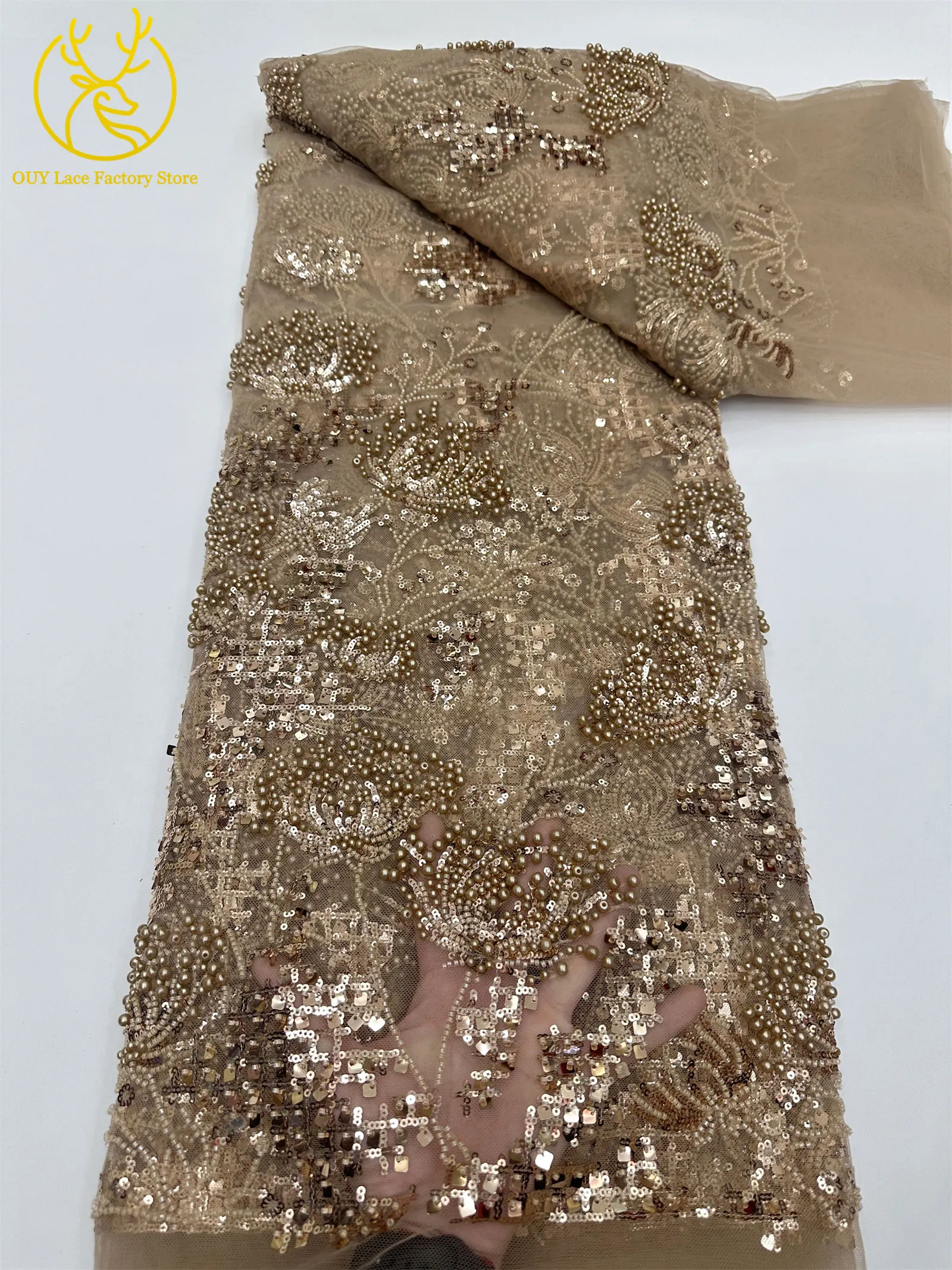 Goldener afrikanischer Spitzenstoff, französischer Mesh-Spitzenstoff mit Pailletten und Perlen für Party- und Abendkleider, zum Nähen von afrikanischen Spitzenstoffen für Damen – Detail 20