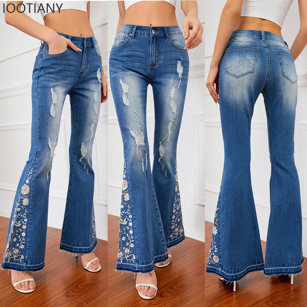 

Hole Jeans Women Flare Pants Embroidery Denims Stretch Boot Cut Washed Vintage Distressed Floor Length Streetwear Trousers
