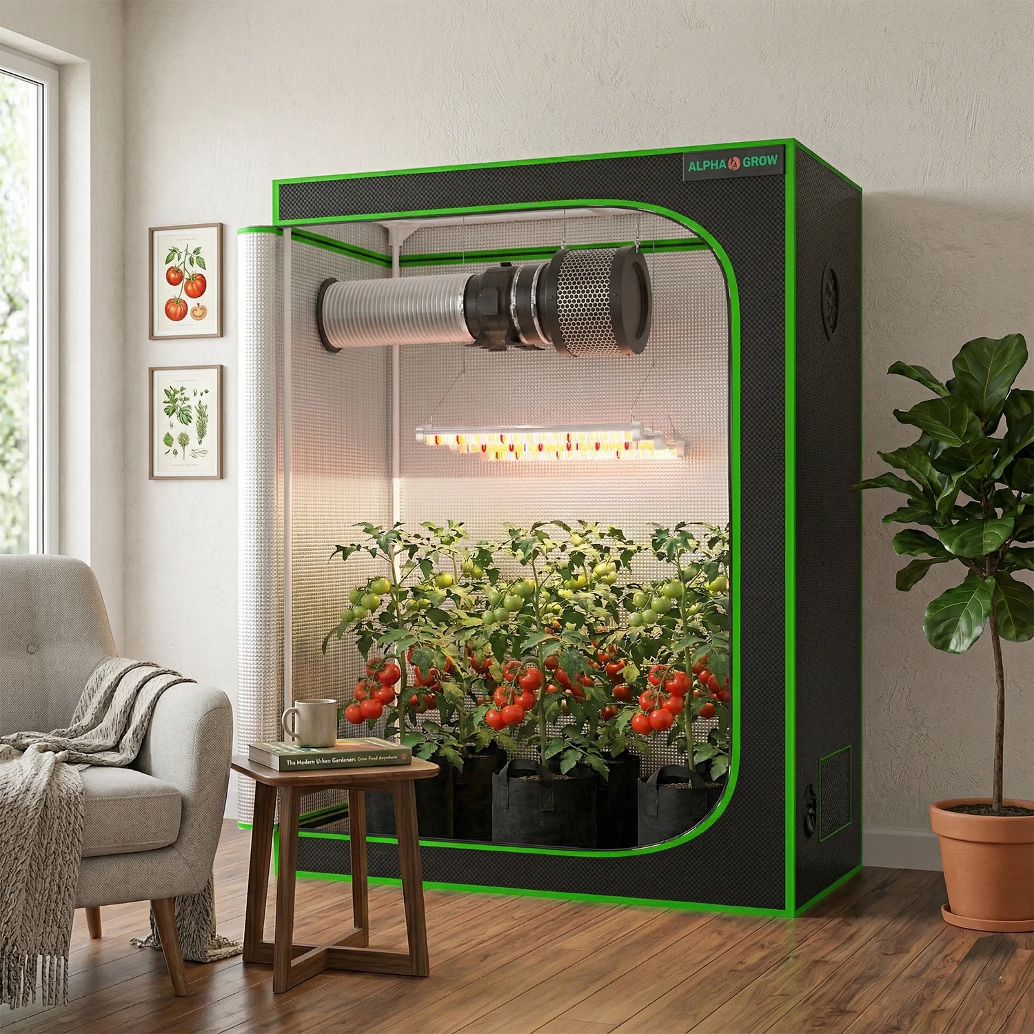 Alpha Grow 4x2ft Planting Box Accessory Room | 6" Ventilation Filter Cloth Combo, Black Hanging Rope & 100W Phytolamp Set view 2