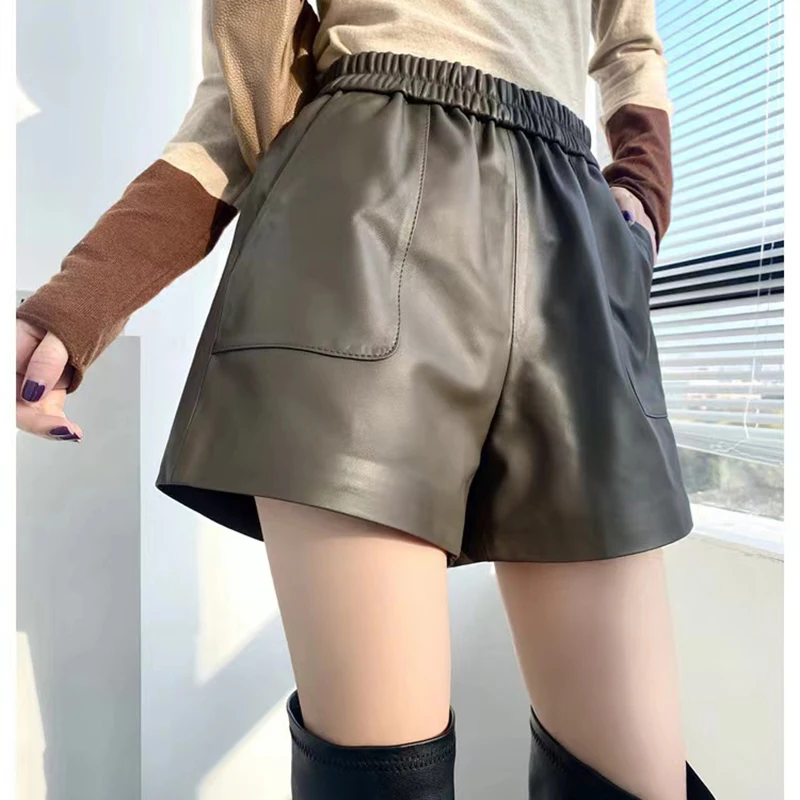 New Leather Shorts Spring Autumn Women Real Sheepskin Khaki/Chocolate Elastic Waist Pocket Slim Wide Leg Pants Pantacourt Femme