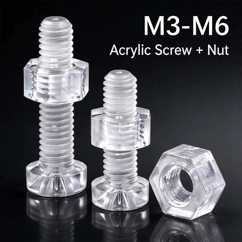 50sets Acrylic Clear Plastic Nylon  Phillips Round Head Screws Clear Bolts with Hexagon Full Nuts M3 M4 M5 M6