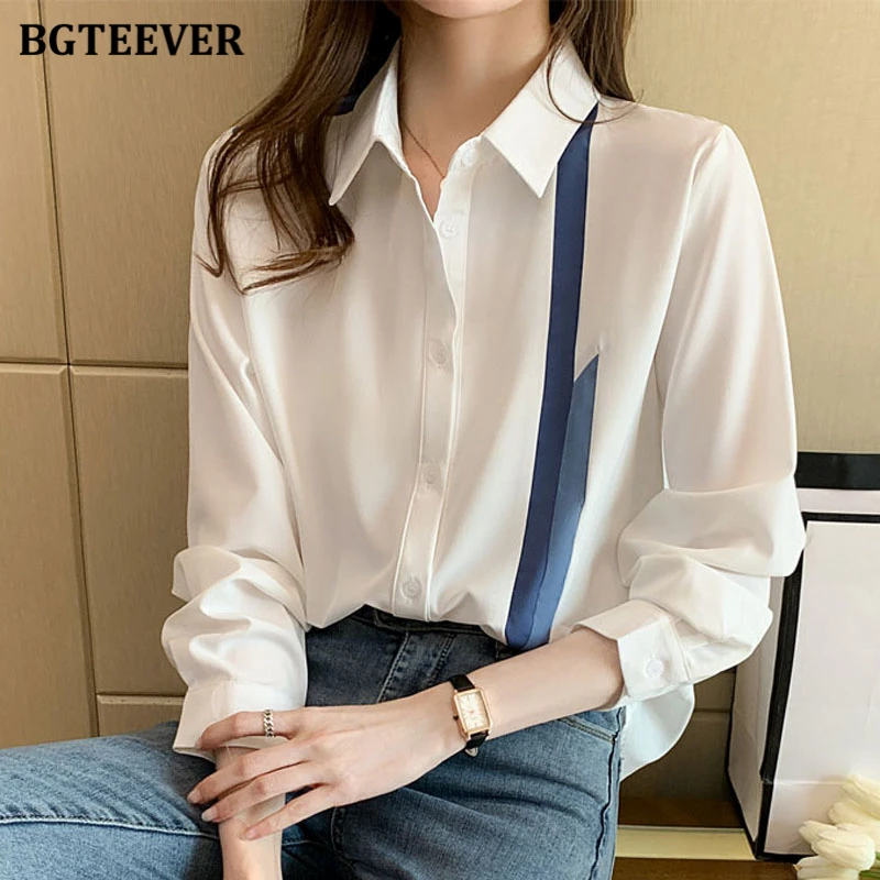 

BGTEEVER Stylish Loose Single-breasted Female Patchwork Chiffon Shirts Elegant Long Sleeve Women Blouses Autumn Ladies Tops