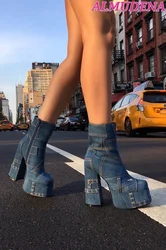 Kobiety niebieski Denim platformy botki Chunky Heel fajne wysokie obcasy zamek kowbojki Plus rozmiar buty designerskie 2023 nowy