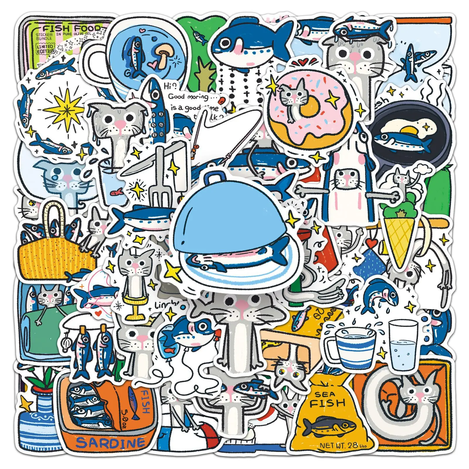 50 Pcs Cartoon Crayon Cat Fish Stickers Cute Pet Funny Cat Waterproof Vinyl Decals for Phone Case Notebook Laptop Gift