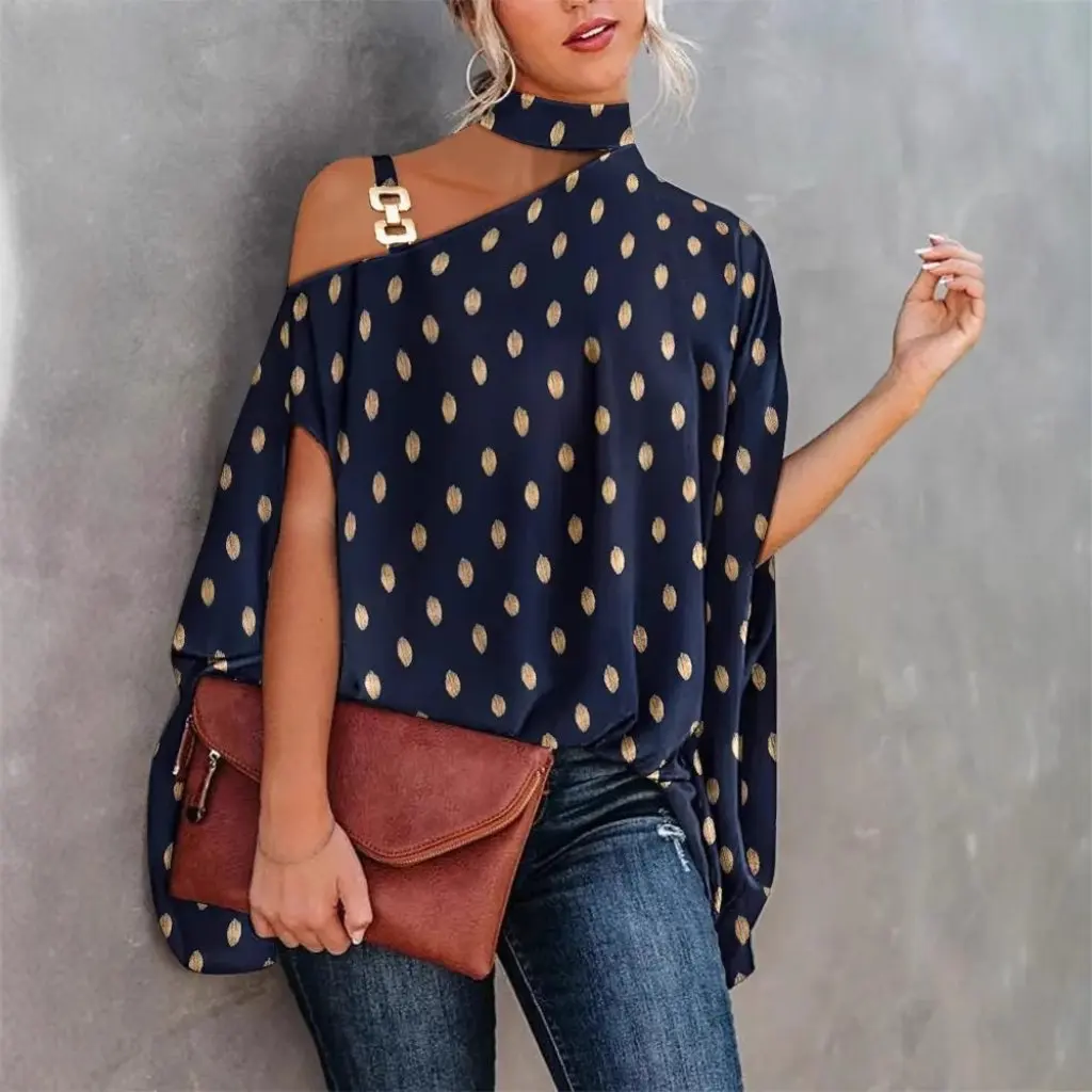 

Summer Short-Sleeved Women's Shirt Bat Print Neck Design All-Match Style Trendy Top for Females