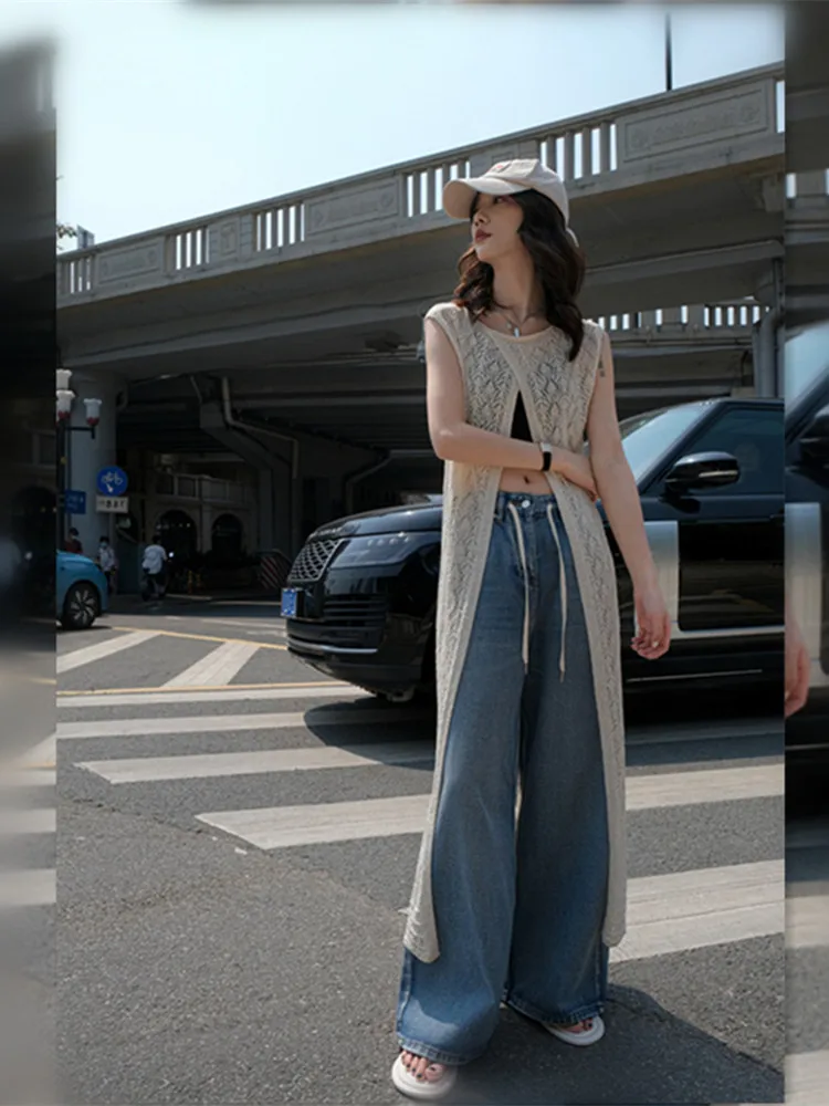 Vestido de punto para mujer, vestido de longitud media con diseño de abertura calada, novedad de verano, prendas de vestir ex...