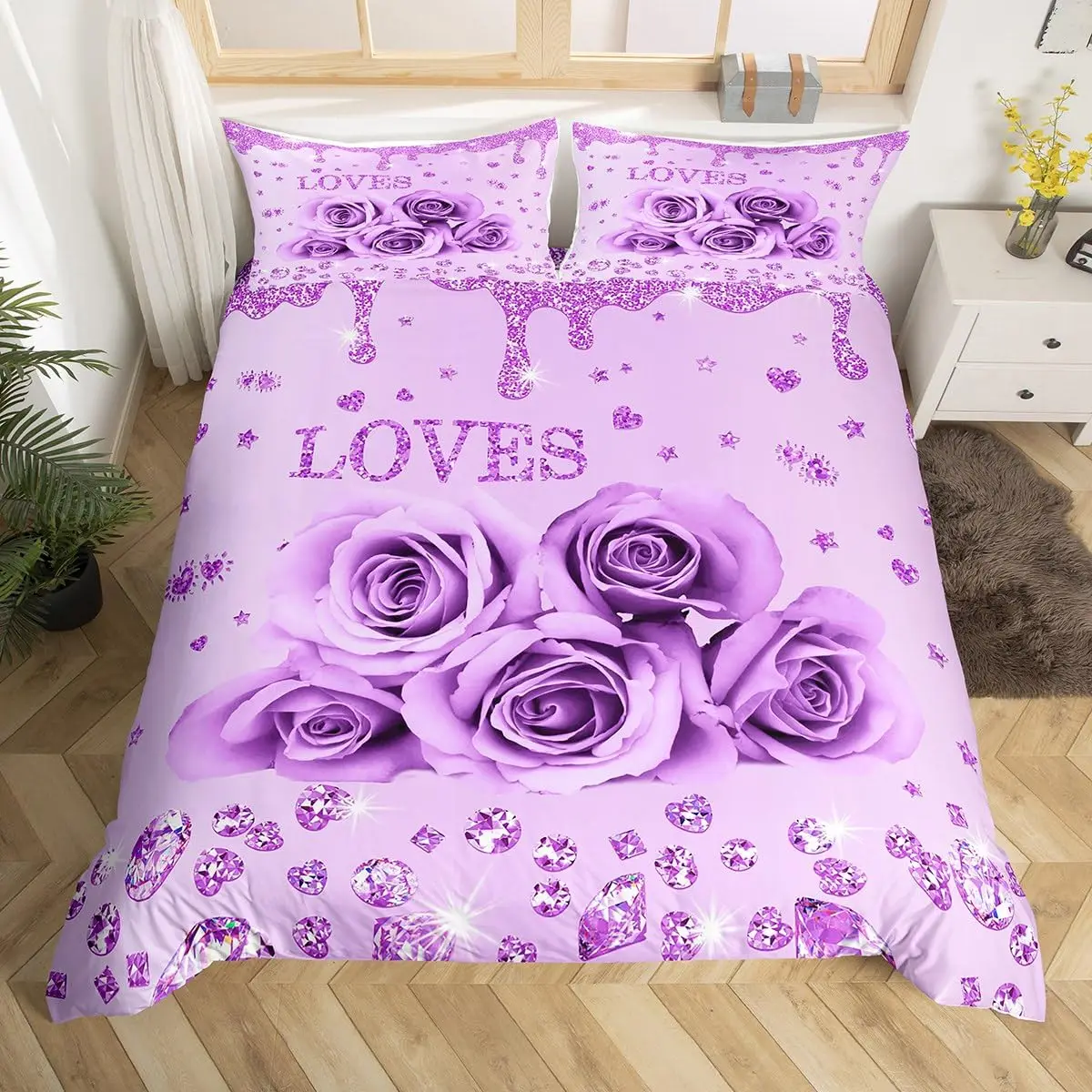 Purple Rose Flowers Duvet Cover Valentines Day Decor Plant Floral Bedding Set Full King Size Comforter Cover Set with Pillowcase