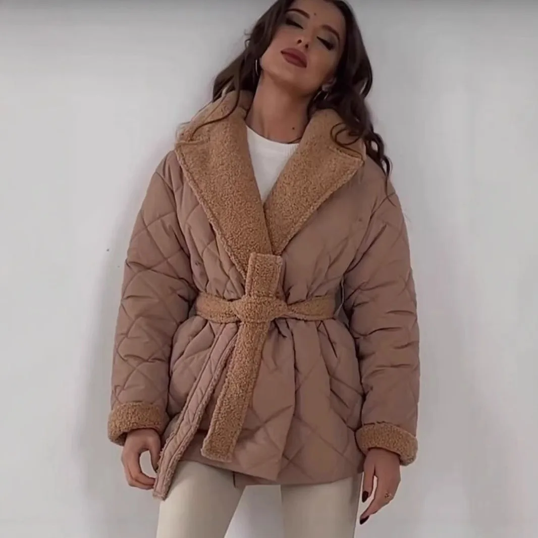 

Lapel lace-up medium and long cotton clothes 2025 European and American fashion loose and versatile waist design jacket women
