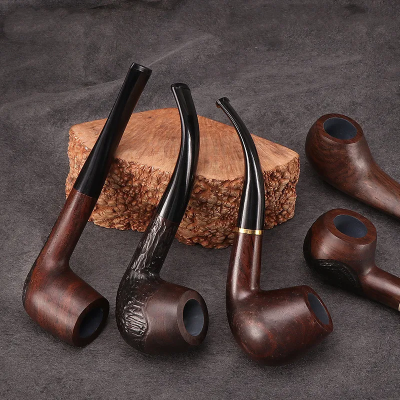 1Pc  Ebony Smoking Pipe 9mm Filter Bent Tobacco Pipe Gold Ring Wood Pipe with Smoke Pipe Accessory Ru free shipping