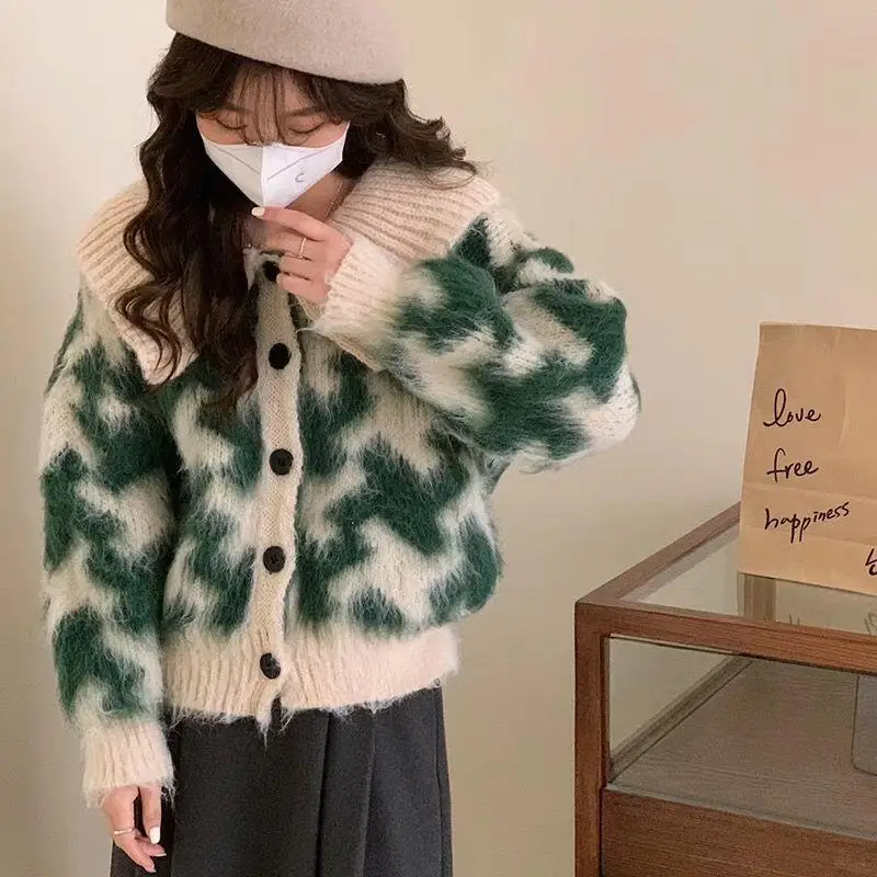 

Sweater Knitwear Women's Autumn Winter Short Loose Knit Cardigan Single Button Lazy Style Outerwear Sweater Warm V-Neck