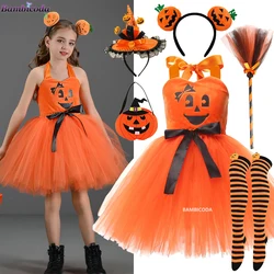 2024 Halloween Child Witch Cosplay Costume Orange Pumpkin Vampire Tulle Tutu Dress Ghost Dress Up Carnival Party Witch Clothing