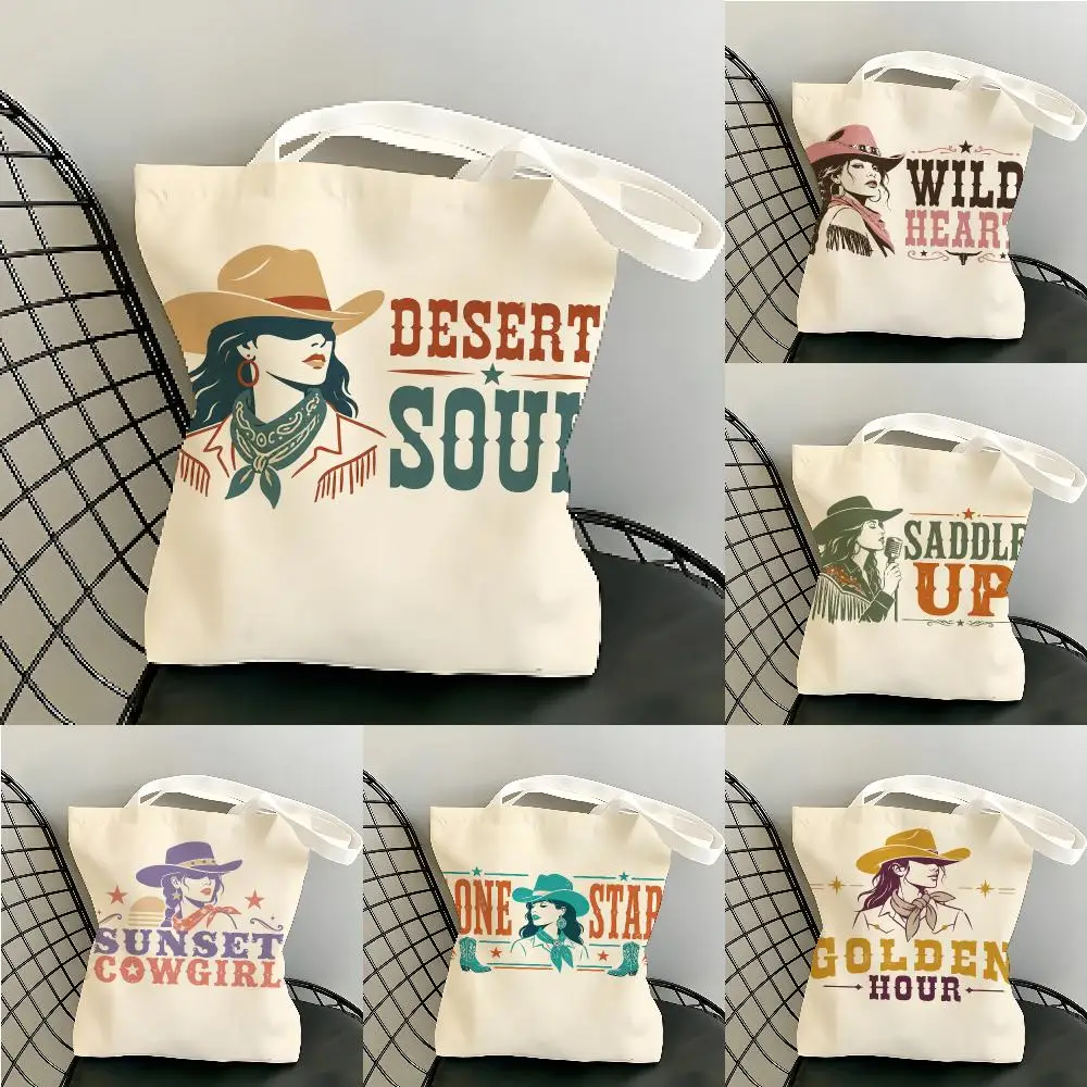 Vintage Western Cowgirl Storage Bags Canvas Tote Bag Large Capacity Reusable  Shopping Commute Grocery Shoulder Bag Gift