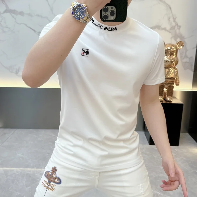 2025 Summer Round Neck Slim Fit T-shirt for Men Letter Printed Short Sleeve Casual Business Tshirts Versatile Social Base Shirt