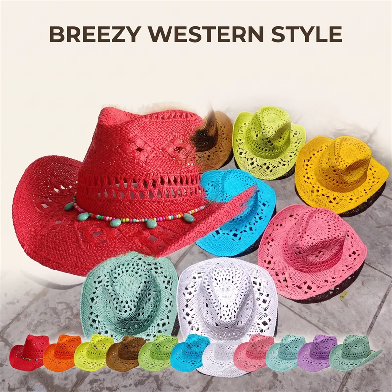 2026 BRIDE Summer Hat Women's Wedding hat Straw Hat Shell Women Western Cowboy Hats Wooden Beads Sun Hat  Out