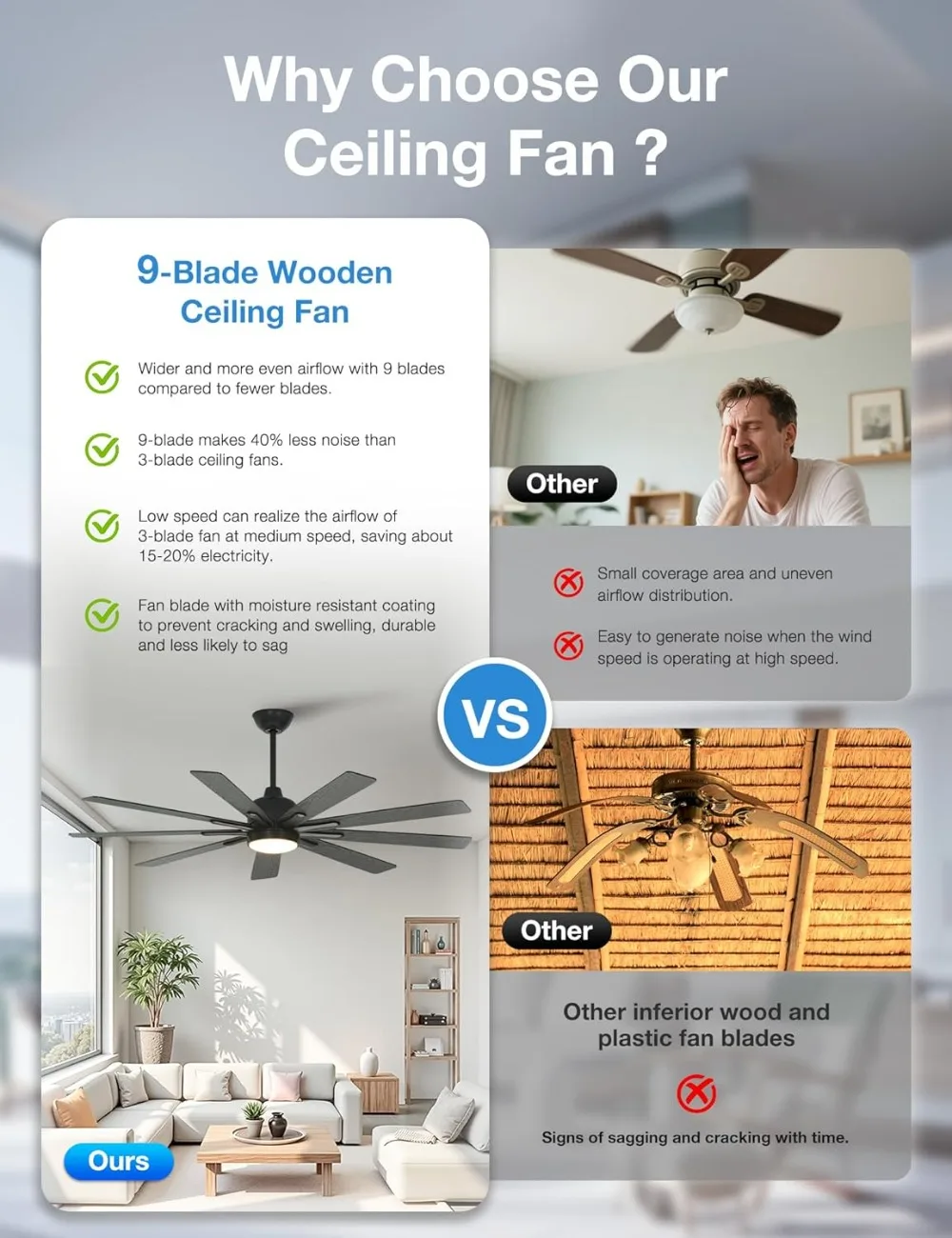 أضواء وجهاز تحكم عن بعد، 62 بوصة، محرك DC صامت قابل للعكس، 6 سرعات، 3 ألوان LED قابلة للتعتيم