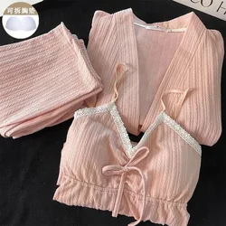 Plus Size Pajamas Women's Three Piece Set Spring Autumn Cotton Long Sleeved Chest Cushion Suspender Sleepwear Summer Homewear