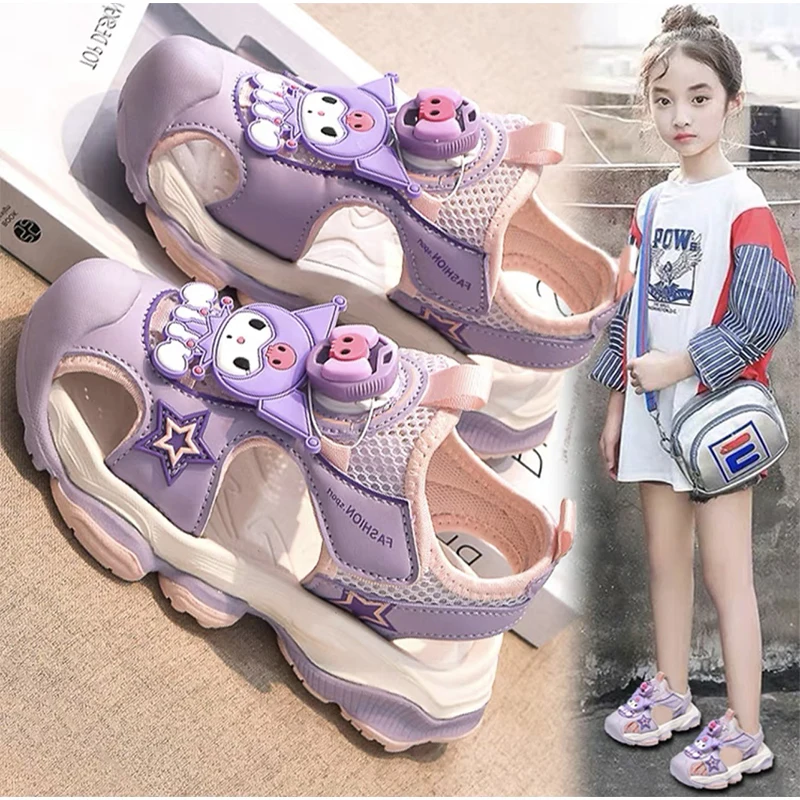 

2024 Kuromi Girls Sandals Kawaii Anime Sanrioed Summer Children Beach Shoes Sweet Cute Cartoon Babys Net Sneakers Gift for Kids