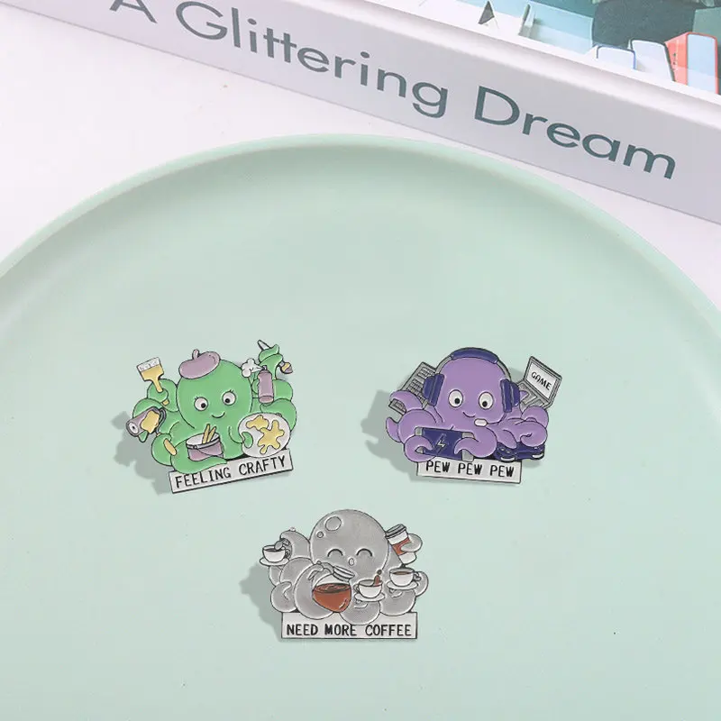 Hard Working Octopus Enamel Pins Custom Animal Painter Desserts Programmer Brooches Lapel Pin Shirt Badge Cartoon Ocean Jewelry